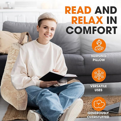 Cheer Collection Reading Pillow with Arms – Portable Bed Pillow for Sitting Up & Support, Hollow Fiber-Filled Back Rest Pillow for Sitting in Bed & Couch, Machine Washable, Taupe
