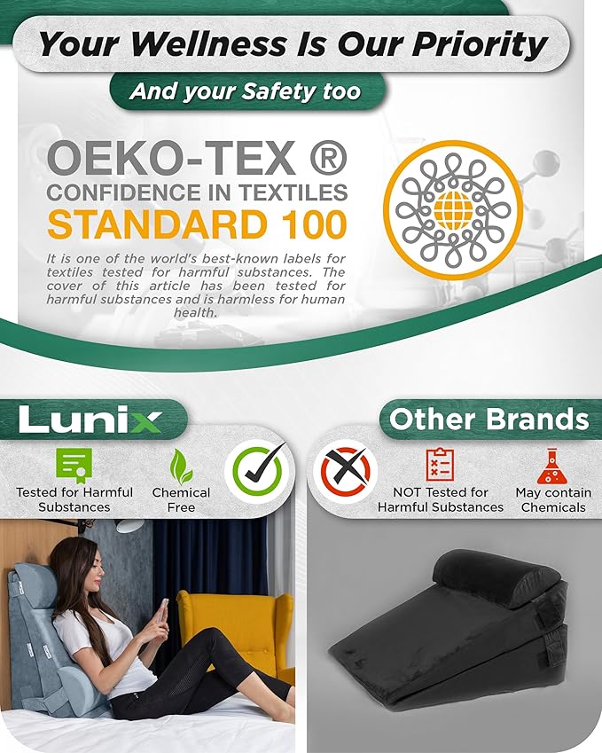 Lunix 4pcs Aloe Vera Infused Orthopedic Bed Wedge Pillow Set for Sleeping – Adjustable Post-Surgery Back, Leg & Knee Support, Acid Reflux & GERD Comfort, Memory Foam Head Pillows, Hot/Cold Pack, Gray