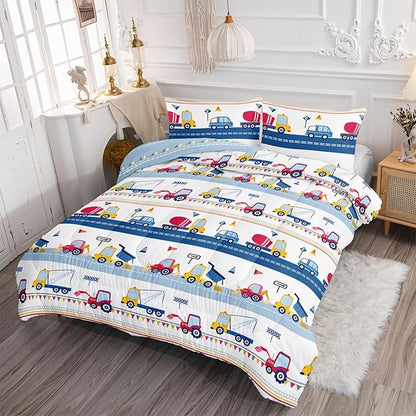 Axolotl Cartoon Car Kids Comforter Set King,Construction Bedding for Boys,Trucks Excavator Tractor Bed Set for Teens Adults Girls,3 Piece Colorful Cars Bedding with 1 Quilt 2 Pillowcases Blue Red