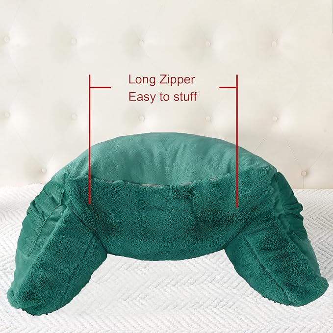 Plush Faux Fur Backrest Reading Bed Rest Pillow with Arms and Pockets for Sitting in Bed Couch Sofa, Back Support Wedge Cushion with Removable Cover, 20" x 18" x 17", Teal Green