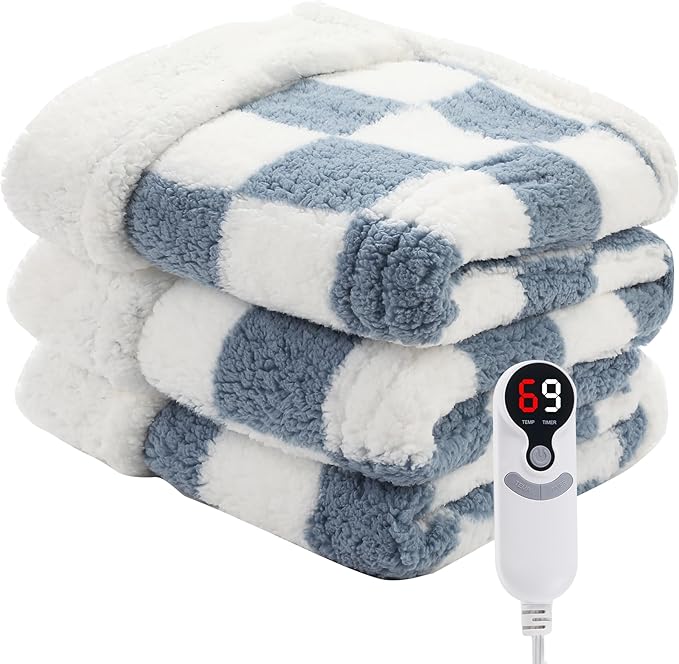 Electric Heated Blanket Full Size 72"×84" with 6 Heating Levels & 1-10Hs Auto Off, Checkered Plaid Heating Blanket Double Sided Sherpa, Fast Heating, Machine Washable for Christmas Gift Light Blue
