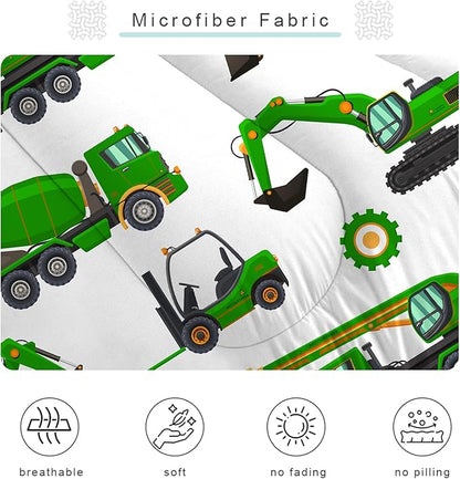 Comforter Set Green Tractor: Queen Size Cartoon Excavator Truck Car Bedding Sets for Boys Kids Teens Toddler Construction Vehicles Quilt Bed Set with 1 Comforter & 2 Pillowcases