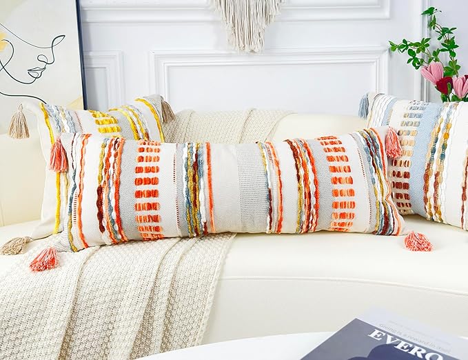 Chenille and Cotton Long Pillow for Bed, Striped Textured Boho Lumbar Throw Pillow Cover 12x36, Neutral Accent Decorative Extra Long Body Pillow Case for Couch, Sofa, Bedroom, Red