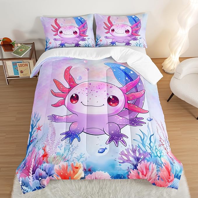 Cute Axolotl Bedding Set King Size,Pink Axolotl Waterweed Pattern Toddler Bed Comforter Set,Kawaii Sea Life Bedding Sets for Kids Boys Girls Room Decoration with 2 Pillowcases.