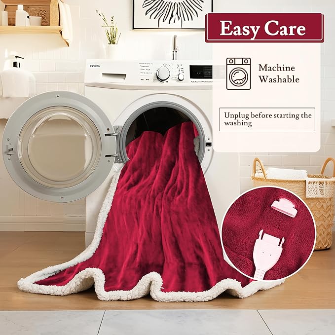 Electric Heated Blanket Flannel & Sherpa 72"x84" Full Size - 4 Heat Levels, 10H Auto Shut Off, Fast Heating, Cozy and Comfortable, Warm Gifts, Machine Washable - Red