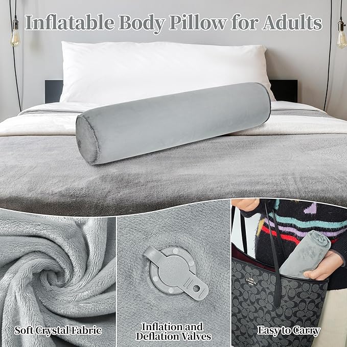 Inflatable Body Pillow for Adults Kids, 35 Inch Body Pillows for Side Sleeper, Travel Body Pillow for Bed, Bolster Pillow, Round Cervical Cylinder Pillow for Sleeping