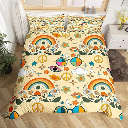 Castle Fairy Retro 70s Hippie Style Duvet Cover Set King Size,Mushroom Comforter Cover with 2 Pillowcases Bedspread,Rainbow Floral Stars Moon Microfiber Quilt Cover for Adult Women,3pcs
