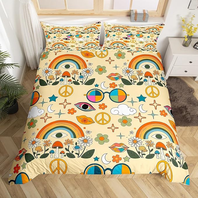 Castle Fairy Retro 70s Hippie Style Comforter Cover,Mushroom Duvet Cover for Girls Teens Decorative Bedroom,Rainbow Floral Stars Moon Polyester Quilt Cover with 2 Pillowcases, Full Size