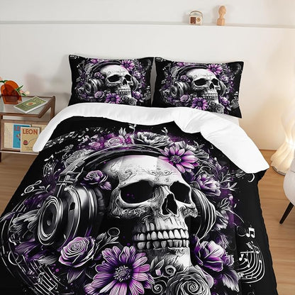 HOSIMA Death Skull Comforter Set Twin Size,Skull Wearing Headphones Decorated with Flowers,Melody Note Pattern Horror Themed Gothic Bedding Set for Teens Boys Room Decor with 2 Pillowcases.