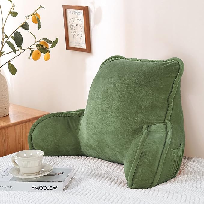 Super Soft Velvety Backrest Reading Bed Rest Pillow with Arms and Pockets 18" H for Sitting in Bed Couch Sofa, Back Support Wedge Cushion with Removable Cover, 20" x 18" x17", Avocado