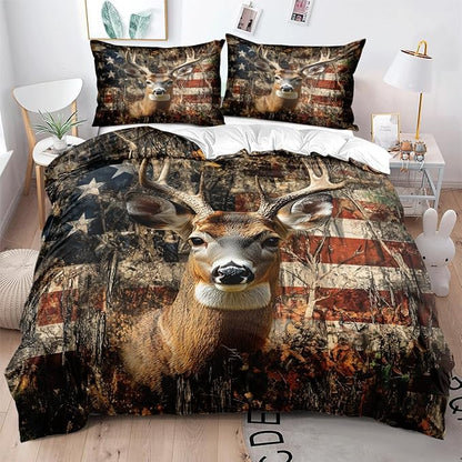 Deer Full Duvet Cover Sets,Deer and American Flag Bedding Sets for Hunter Bedroom Decor, 1 Duvet Cover 2 Pillowcases Comforter Cover for Adult Teen boy,Full