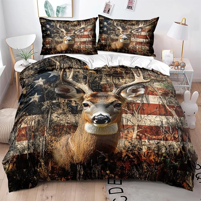 Deer Twin Duvet Cover Sets,Deer and American Flag Bedding Sets for Hunter Bedroom Decor, 1 Duvet Cover 2 Pillowcases Comforter Cover for Adult Teen boy,Twin
