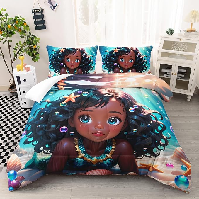 Black Girl Mermaid Comforter Set Full Size, Kawaii Mermaid Bedding Set with Bubble Design for Kids Girl, Ocean Theme Duvet Set with 2 Pillowcases