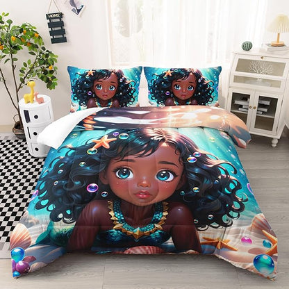 Black Girl Mermaid Comforter Set Full Size, Kawaii Mermaid Bedding Set with Bubble Design for Kids Girl, Ocean Theme Duvet Set with 2 Pillowcases