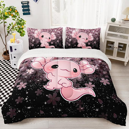 QOOMO Cartoon Axolotl Sherpa Fleece Comforter Set Girls Kawaii Bedding Set King Size for Kids Teens Cute Cherry Blossoms Bedding Design 3 Piece with 1 Comforter 2 Pillowcases