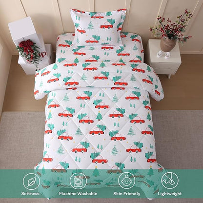 JSD Cars Kids Christmas Comforter Set Queen Size, 3 Piece Tree Printed Microfiber Holiday Winter Bedding Set