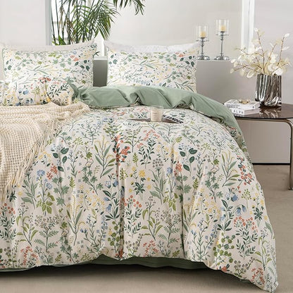 Floral Twin Duvet Cover 100% Soft Cotton 3 Pieces Flower Bedding Set for Girls Fresh Chic Garden Style Green Botanical Floral Pattern Printed Twin Flower Duvet Cover, with Zipper Closure