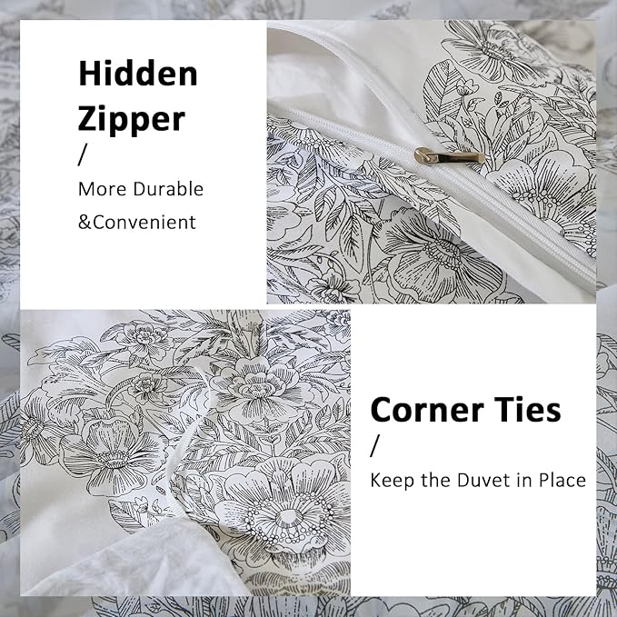 100% Cotton Duvet Cover Set Queen Size – Elegant Damask Print, Soft & Breathable Bedding with Zipper and Corner Ties, 3-Piece Reversible Comforter Cover Set