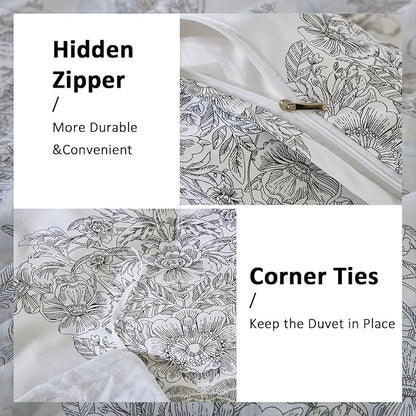 100% Cotton Duvet Cover Set Queen Size – Elegant Damask Print, Soft & Breathable Bedding with Zipper and Corner Ties, 3-Piece Reversible Comforter Cover Set