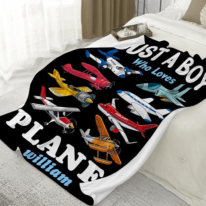 Custom Airplane Blanket for Boys Kids Child Toddler Just A Boy Who Loves Planes Blanket Warm Plush Fleece Planes Throw for Bed Sofa Office Decor Custom Airplane Gifts Ideas 60"x80"-L