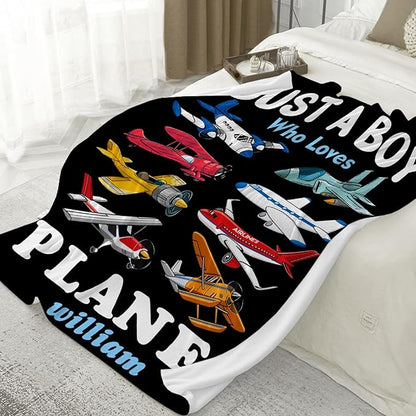 Custom Airplane Blanket for Boys Kids Child Toddler Just A Boy Who Loves Planes Blanket Warm Plush Fleece Planes Throw for Bed Sofa Office Decor Custom Airplane Gifts Ideas 60"x80"-L