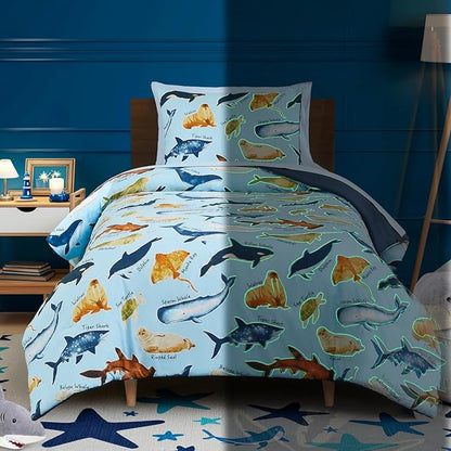 Kids Comforter Set Twin Size for Boys, Glow in The Dark Sea World Bedding Set 1 Comforter, 1 Decor Pillow, 1 Pillow Shams