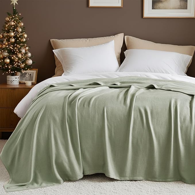 King Size Blanket, 70% Rayon (Derived from Bamboo) and 30% Cotton, Lightweight Jacquard Weave, Breathable and Soft Summer Blanket for Bed or Couch, 108” x 90”, Sage Green