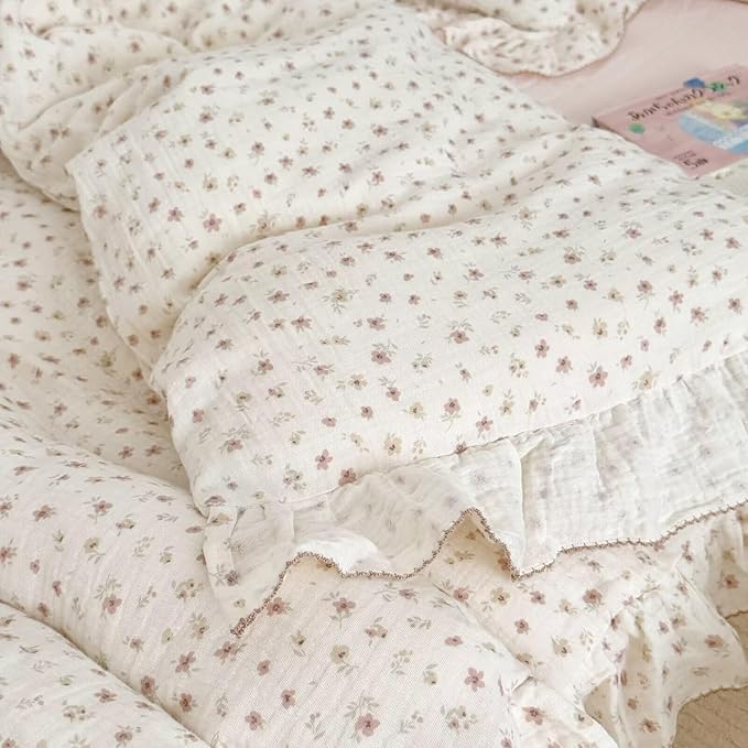 BuLuTu Elegant Pink Floral Ruffled Duvet Cover Full for Kids Teens Adults, 100% Muslin Cotton Comforter Cover with Pillow Cases, Soft Breathable Quilt Cover, Zipper Closure and 4 Corner Ties