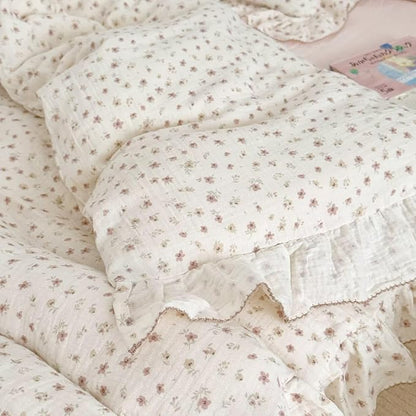 BuLuTu Elegant Pink Floral Ruffled Duvet Cover Full for Kids Teens Adults, 100% Muslin Cotton Comforter Cover with Pillow Cases, Soft Breathable Quilt Cover, Zipper Closure and 4 Corner Ties