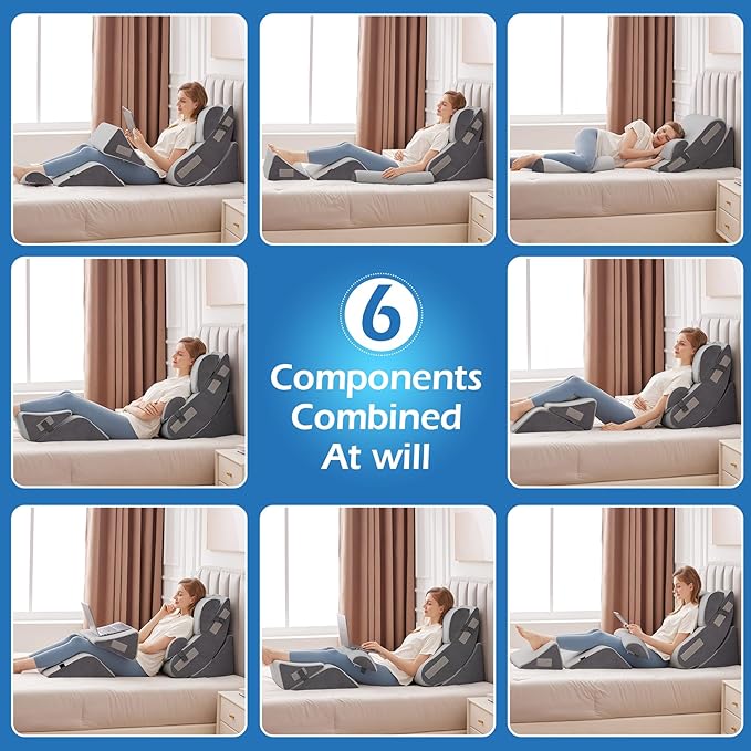 6PCS Orthopedic Bed Wedge Pillow Set for Sitting up in Bed, Memory Foam Post Surgery Pillow for Back Pain Relief, Back Support Pillow for Acid Reflux Relief, GERD, Anti Snoring (Grey)
