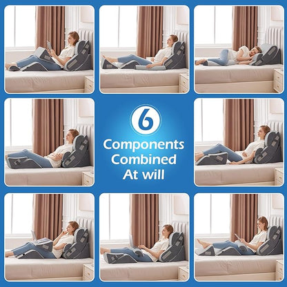 6PCS Orthopedic Bed Wedge Pillow Set for Sitting up in Bed, Memory Foam Post Surgery Pillow for Back Pain Relief, Back Support Pillow for Acid Reflux Relief, GERD, Anti Snoring (Grey)