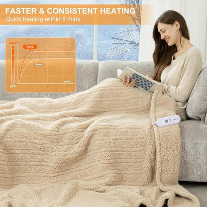 Electric Blanket Twin 62"X84"- Soft Double Sided Sherpa Heated Blanket Twin with 5 Heatings Levels & 10 hrs Auto Shut Off, Fast Heating & ETL Certified, Gift for Women(Beige)