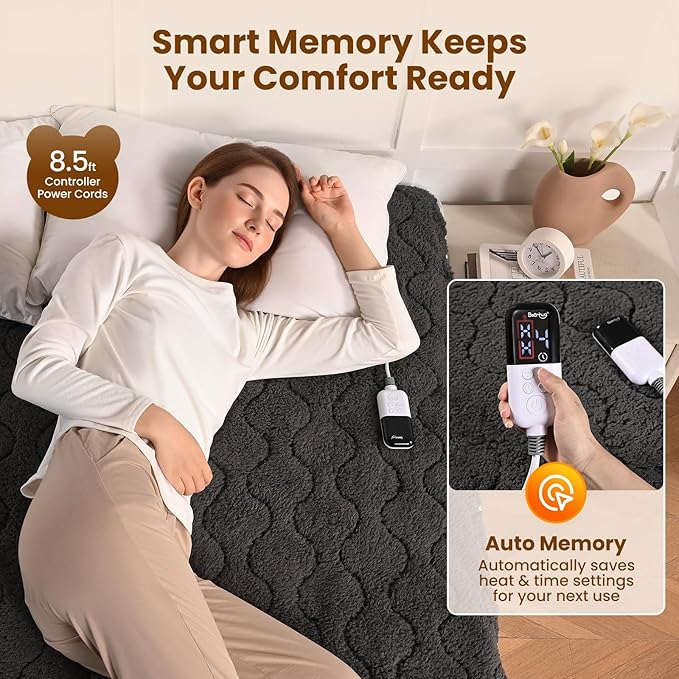 Bearhug Multi-Zone Electric Heated Mattress Pad King Size, Dual Control Bed Warmer with Memory & 11 Heat Level, 1-9H Auto Off, Individual Body & Feet Settings, Deep Pocket ETL Certified, Machine Wash
