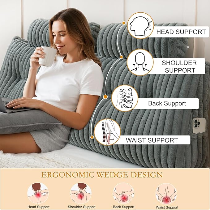 YOUR MOON Large Wedge Headboard Pillow Queen for Back with 2 Roll Pillows, Faux Fur Backrest Cushion with Shredded Memory Foam, Triangular Wedge Reading Pillow for Bed Sitting Up Sleeping, Gray
