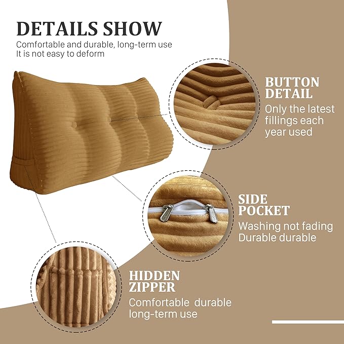 Wedge Headboard Pillow Dorm Room Reading Pillow Back Support for Sitting Up in Bed Bolster Lumbar Cushion Body Positioning Bedrest Corduroy (Khaki, Twin (39 * 8 * 20in))