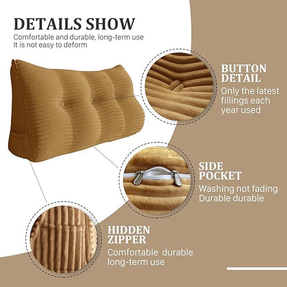 Wedge Headboard Pillow Dorm Room Reading Pillow Back Support for Sitting Up in Bed Bolster Lumbar Cushion Body Positioning Bedrest Corduroy (Khaki, Twin (39 * 8 * 20in))