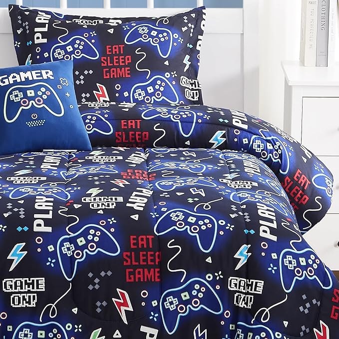 Kids Comforter Set Twin Size for Boys, Glow in The Dark Gamer Bedding Set 1 Comforter, 1 Decor Pillow, 1 Pillow Sham, Twin XL Comforter Set Dorm Bedding