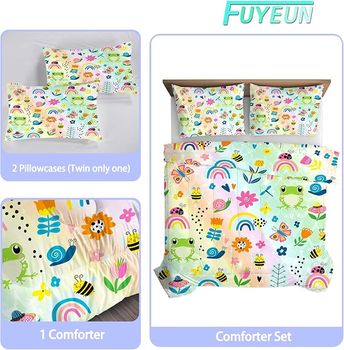 Rainbow Comforter Set Queen Size Cartoon Frogs Bedding Sets for Girls Kids Women Boys Flowers Butterfly Bees Snails Insects Cute Kawaii Quilt 1 Comforter + 2 Pillow Cases