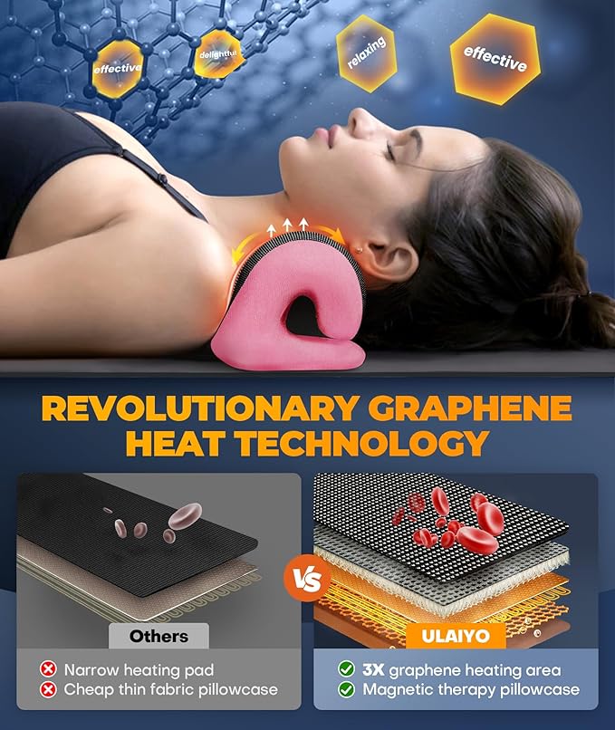 Graphene Magnetic Neck Stretcher for Deeper Pain Relief, Instant Heating Pad Cervical Traction Device Pillow, Neck Cloud for TMJ Tension Muscle Migraine, Christmas Gifts for Women, Mom, Men(Pink)