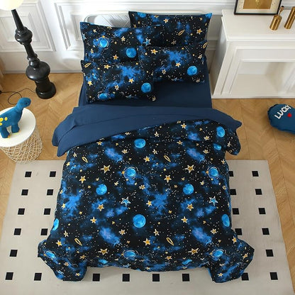 Glow in The Dark Kids Comforter Set， 4 Pieces Blue Space Bedding Set Full Size for Boys Girls Teen, 1 Comforter, 1 Pillowcase, 2 Pillow Shams