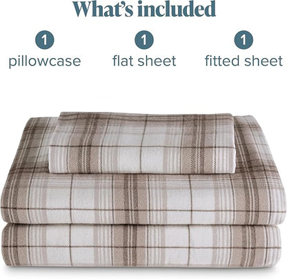 Bare Home Cotton Flannel Sheet Set Prints, 100% Cotton, Velvety Soft Heavyweight - Double Brushed for Softness & Comfort - Deep Pocket - Bed Sheets (Twin XL, Chesapeake Plaid - Neutral)