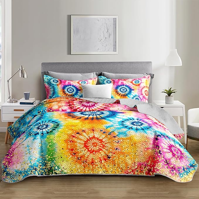 Colorful Tie Dye Quilt Sets Queen Size,Bohemian Art Style Watercolor Bedding for Adults Kids Girls Boys Teens Bedroom,Soft Lightweight Microfiber Quilt with 2 Pillowcases.