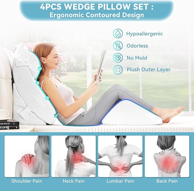 Kingfun 4pcs Orthopedic Bed Wedge Pillow Set for Sleeping, Memory Foam for Sleeping,Breathable Triangle Pillow Wedge, Post Surgery Memory Foam Wedge Pillow for Back, Leg Pain Relief, Sitting