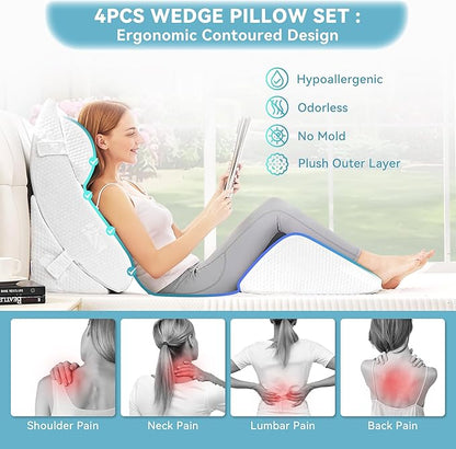 Kingfun 4pcs Orthopedic Bed Wedge Pillow Set for Sleeping, Memory Foam for Sleeping,Breathable Triangle Pillow Wedge, Post Surgery Memory Foam Wedge Pillow for Back, Leg Pain Relief, Sitting