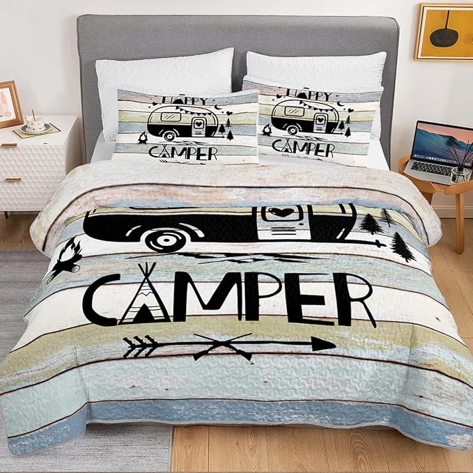 HOSIMA Vintage Camper King Quilt Set,Lightweight Bedding Set for Adults,Camping Travel Trailer Printed Quilt for Camper Decor,Happy Camping Themed Bedding with 2 Pillowcases.