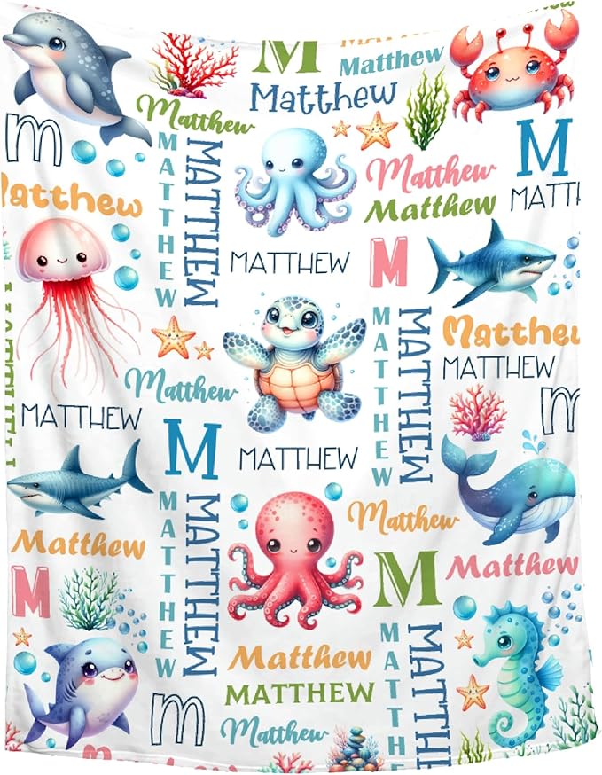 Personalized Custom Baby Blanket with Name - Sea Animals Swaddle Blanket for Toddlers, Infants, Kids, Newborns - Nursery Stroller Crib Decor Throw - Birthday Gift