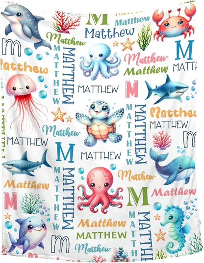 Personalized Custom Baby Blanket with Name - Sea Animals Swaddle Blanket for Toddlers, Infants, Kids, Newborns - Nursery Stroller Crib Decor Throw - Birthday Gift