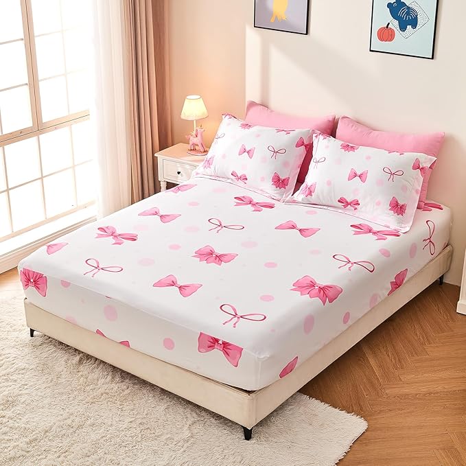 Wajade 7 Piece Pink Bow Bedding Set for Girls Kids Queen Size Comforter Set with Sheet and 2 Pillowcases 2 Pillow Shams Cute Girls Bed in a Bag as Birthday Choice