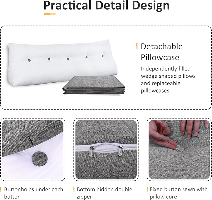 Wedge Pillows Headboard Reading Pillow Backrest Pillows for Sitting Up in Bed Rest Large Triangle Bolster Cushion Cotton Linen Daybed Pillow Lumbar Support Leg Positioning（Grey, Twin）