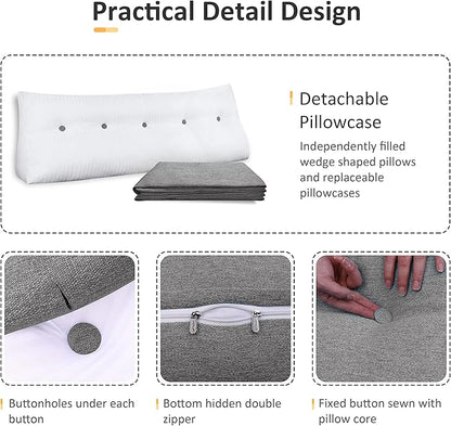 Wedge Pillows Headboard Reading Pillow Backrest Pillows for Sitting Up in Bed Rest Large Triangle Bolster Cushion Cotton Linen Daybed Pillow Lumbar Support Leg Positioning（Grey, Twin）